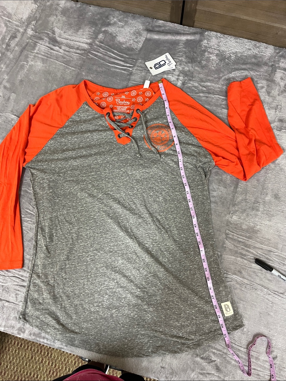 PressBox by Royce Women's Orange Raglan Lace-Up Long Sleeve Tee with Gray Body